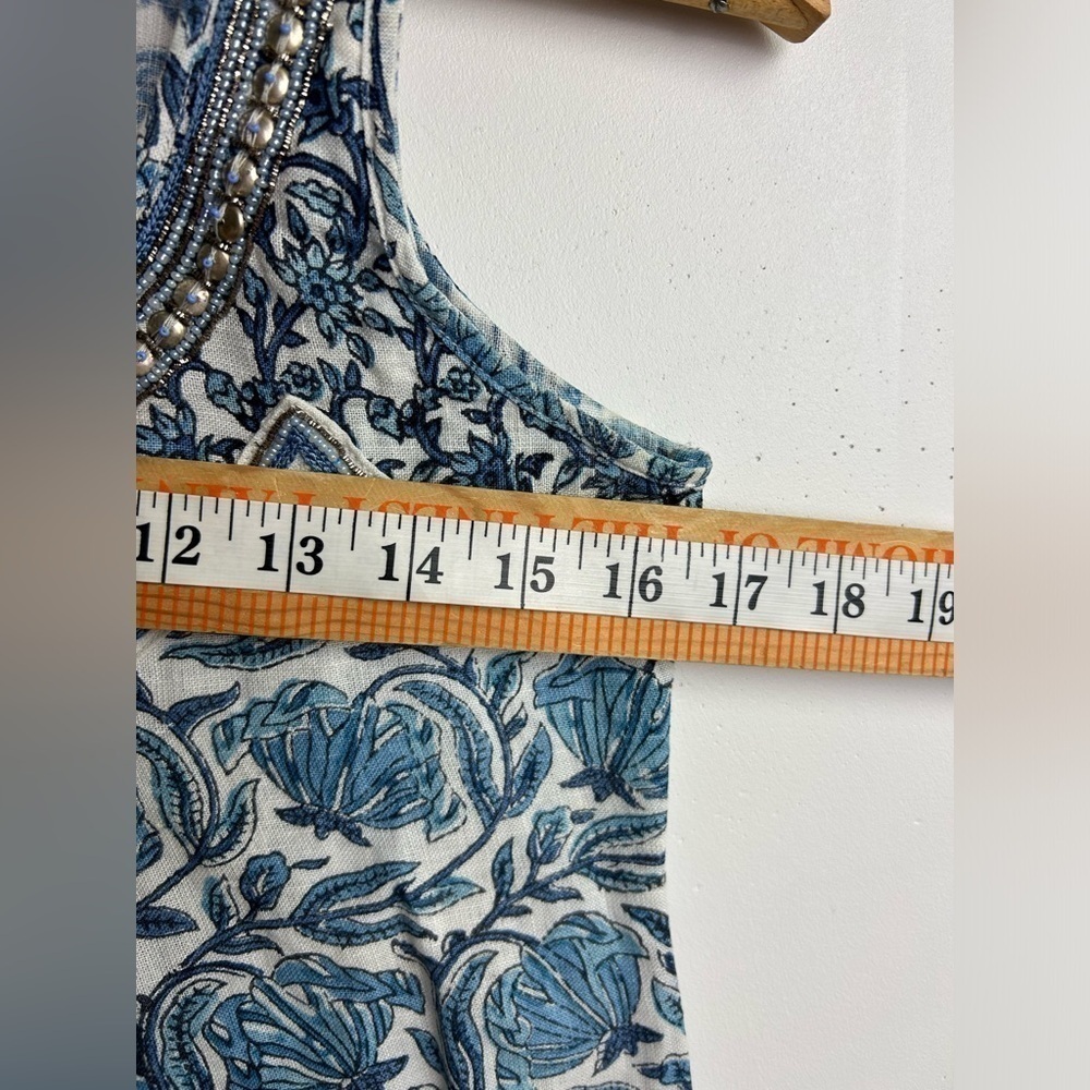 Bella tu Linen Mid dress Blue Floral Boho Embellished Neck Sleeveless Shift Sz M - Picture 14 of 15